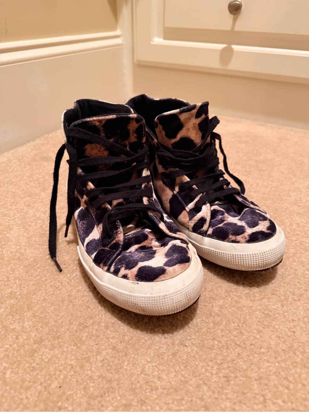 Superga Leopard Print High-Top Sneakers in Black and Tan